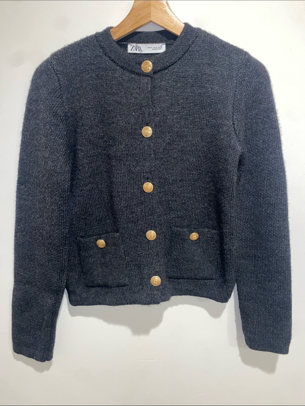 Zara Dark Charcoal Knit Sweater with Gold Buttons Size M